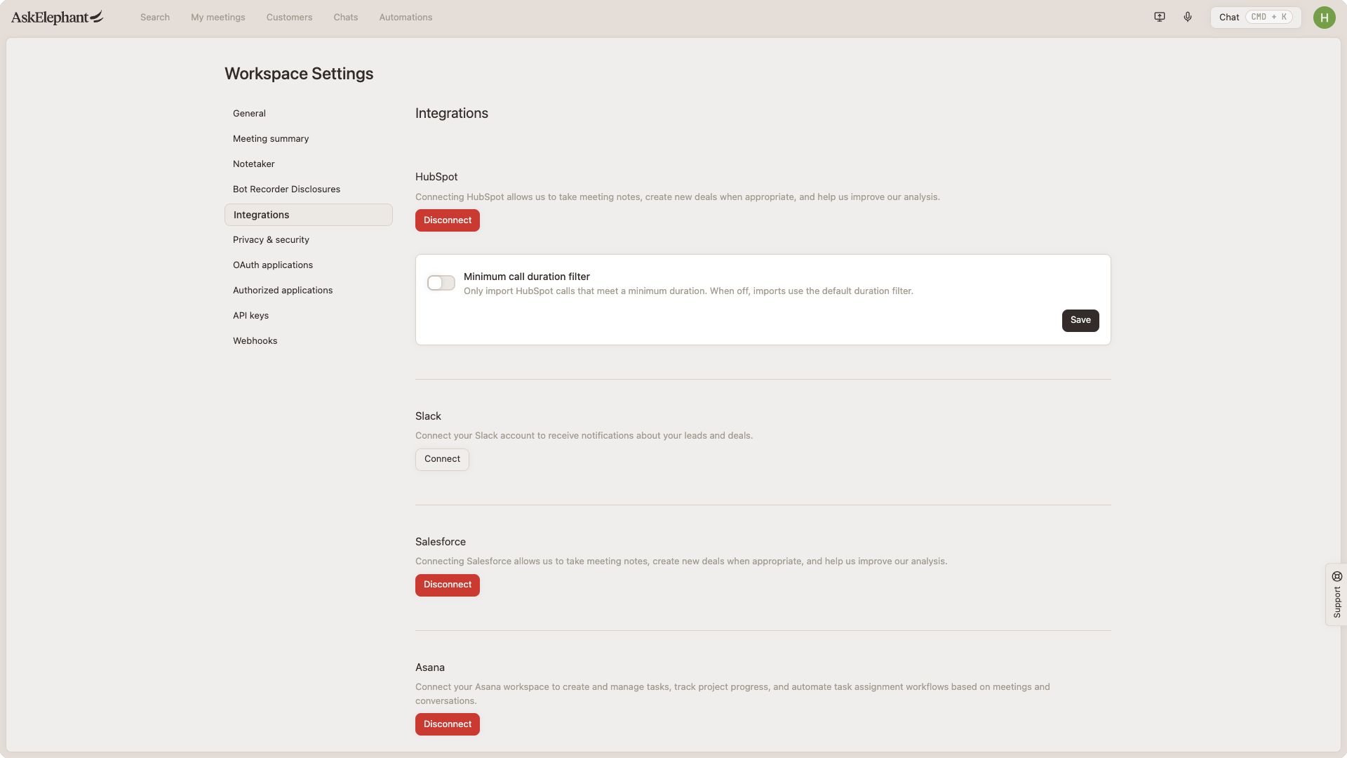 AskElephant workspace Integrations page showing connection cards for HubSpot, Slack, Salesforce, and Asana