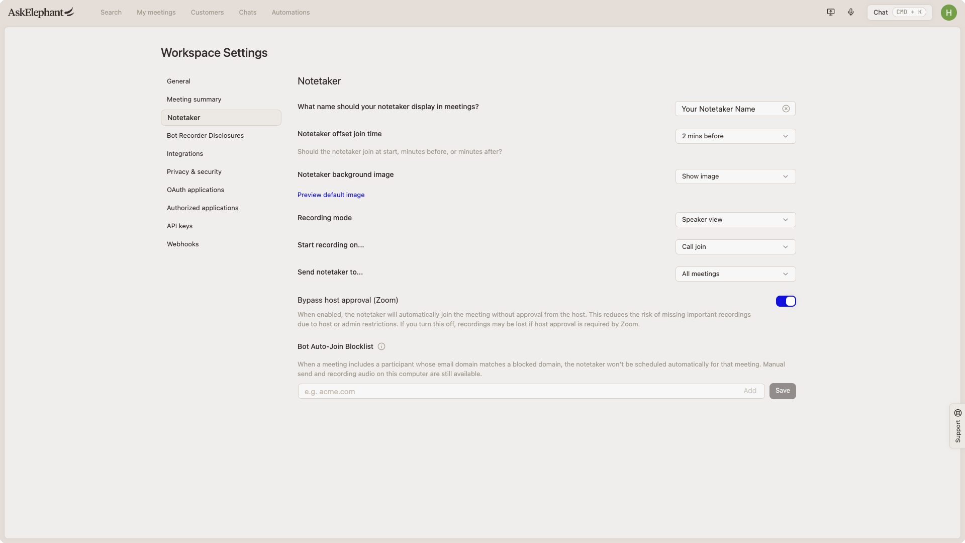 Workspace notetaker configuration panel