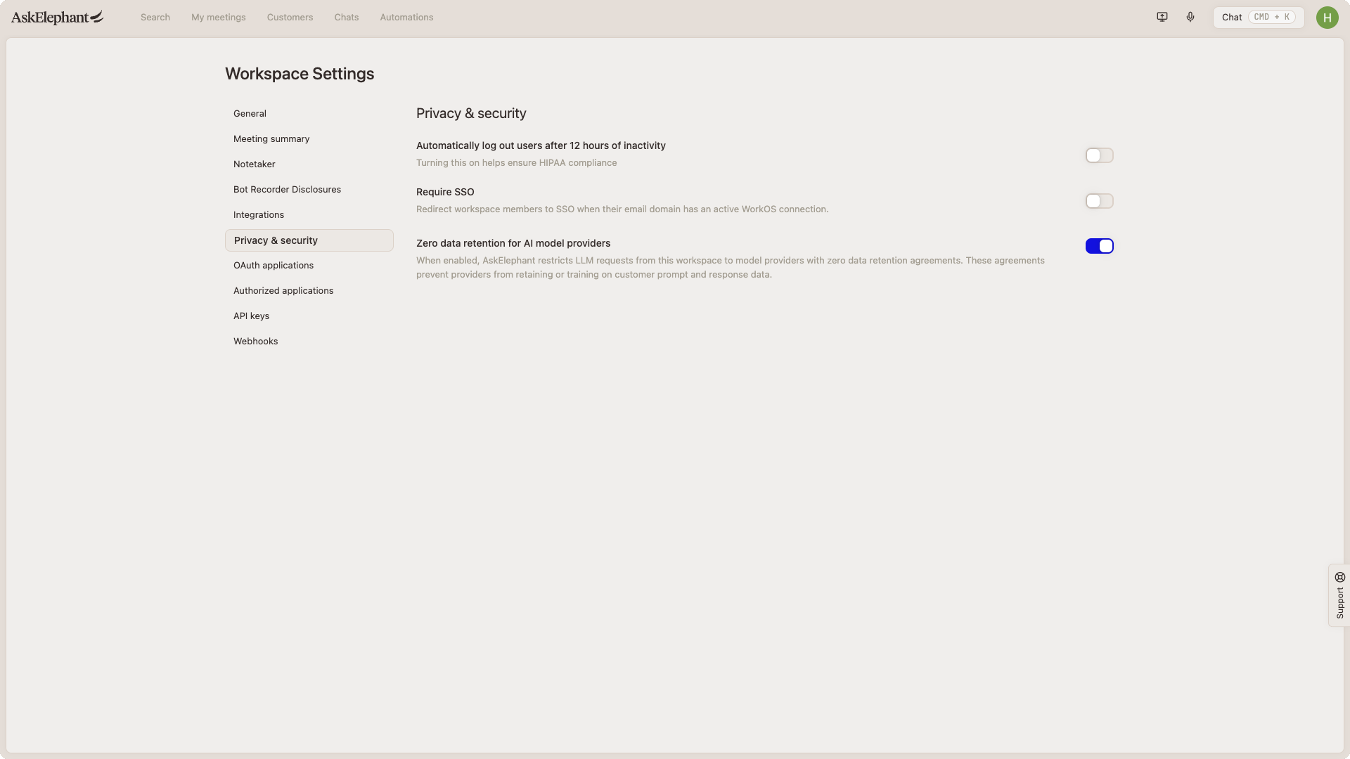 The Privacy and Security settings panel in AskElephant workspace settings, showing toggles that control workspace-level privacy and security defaults.